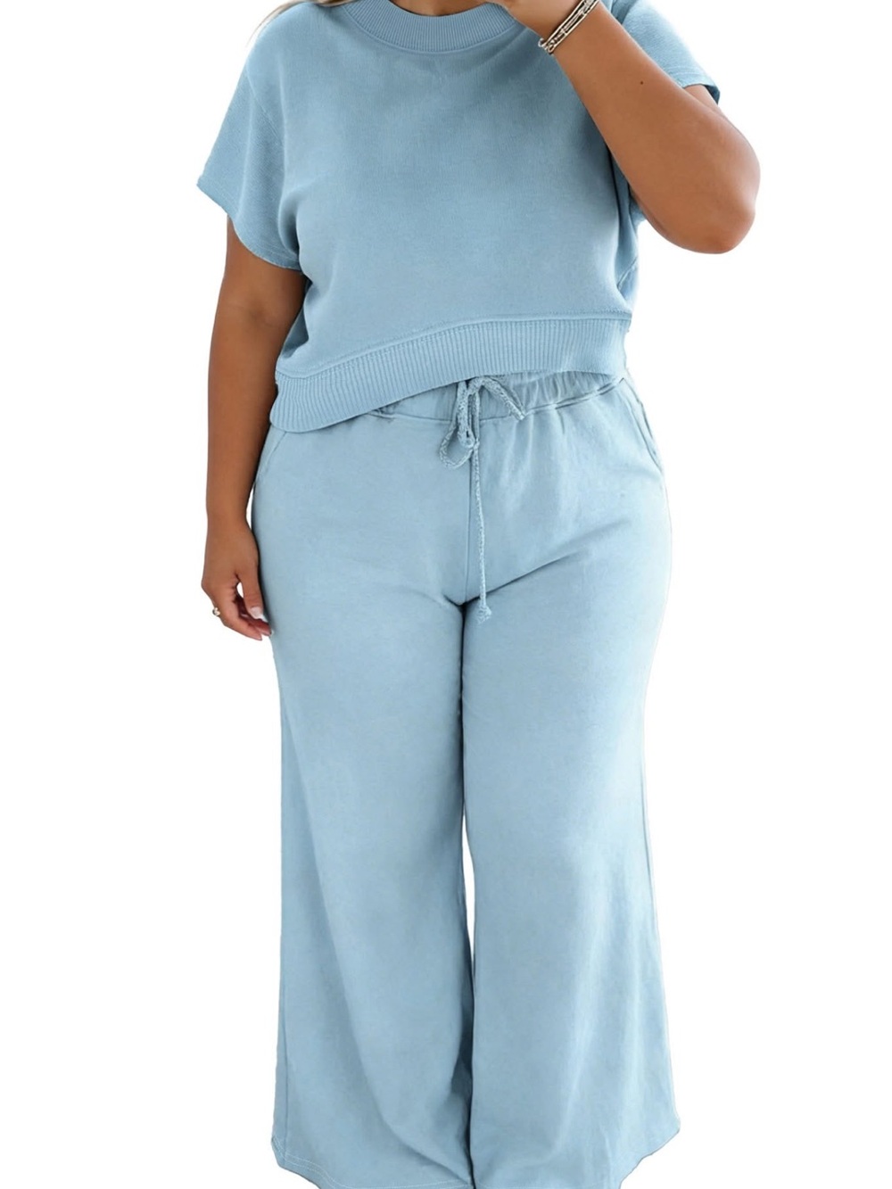 Light Blue Wide-Leg Drawstring Pants - set Women